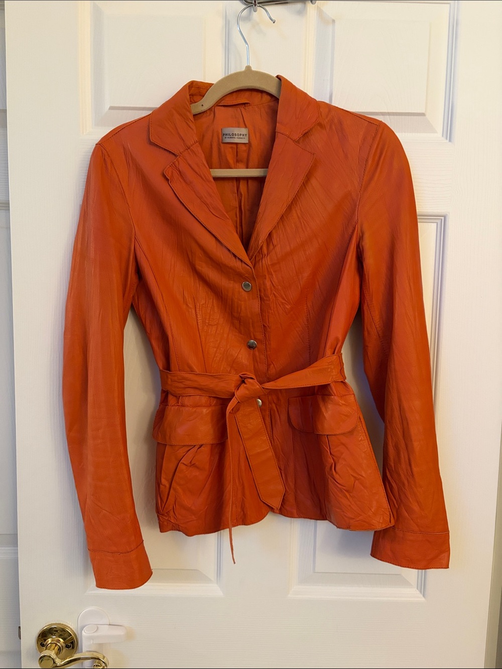 100% Sheep Leather Orange Belted Blazer